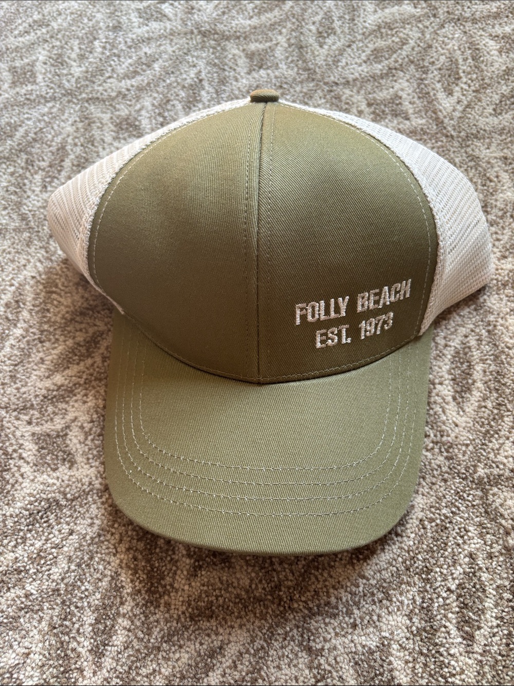 Folly Beach Trucker Hat in Olive & cream
